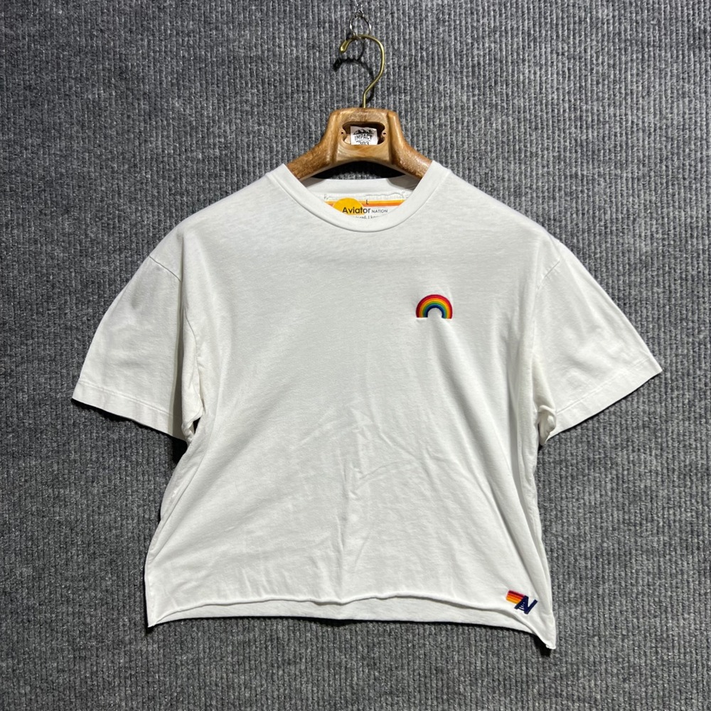 Aviator Nation T Shirt Womens Large White Rainbow Embroidered Raw Hem California - Picture 1 of 10